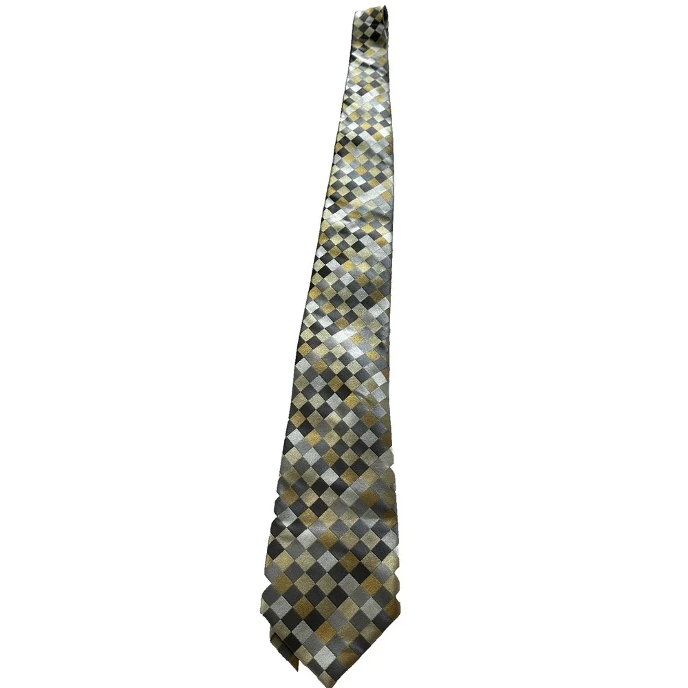 Bugatti Men's‎ Necktie 100% Silk Geometric Checkered Pattern Gray Gold